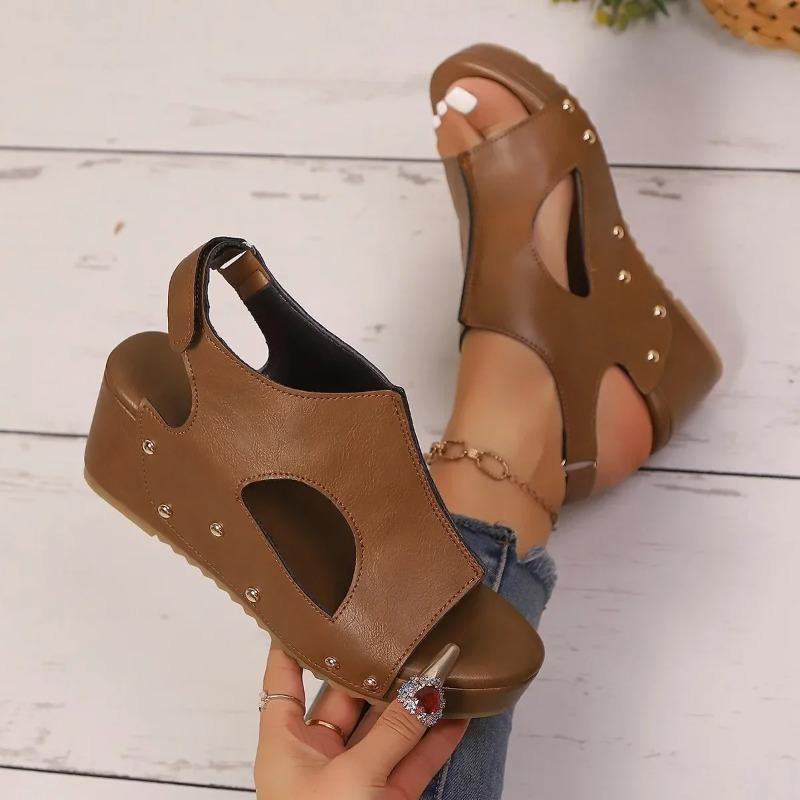 Fashion Women's Thick Heel Hollow out Fish Mouth Sandals Summer New Style Magic Tape Rivet Roman Shoe Type PU Leather Roman Shoes
