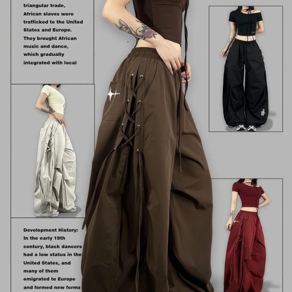 American Streetwear Jogging Cargo Pants Women High Waist Side Straps Loose Punk Wide Leg Trousers Fashion Hip Hop Parachute Pant