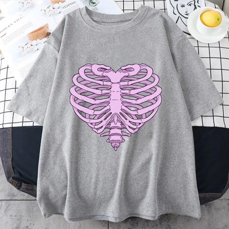 

Женская модная футболка в стиле панк Love Skeleton, летние футболки с короткими рукавами Harajuku Y2K, негабаритный топ, уличная винтажная рубашка 4XL серый