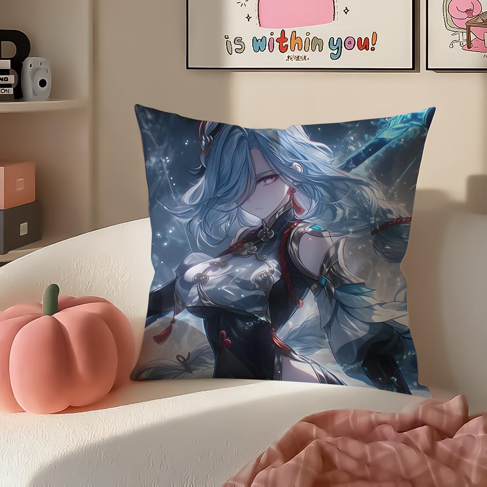 Game Genshin ShenHe Cushion Cover Pillowcase Short Plush Invisible zipper Room Sofa Cushion Cover