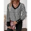 Camicette e camicie a maniche lunghe con scollo a V e stampa pied de poule, casual, primavera-autunno, da donna