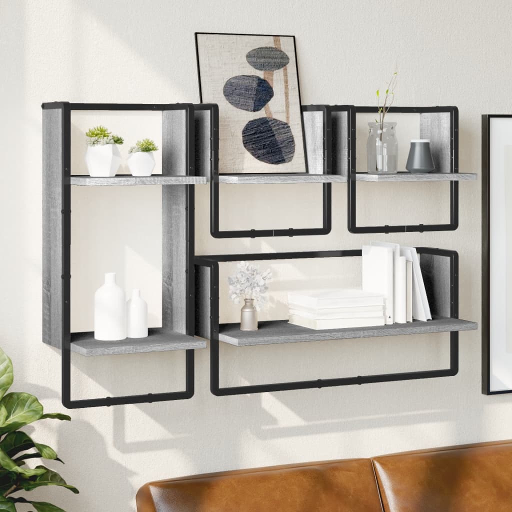4 Piece Wall Shelf Set with Bars Grey Sonoma Particleboard