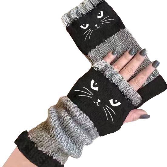Yousheng 1 Pair Riding Gloves Embroidery Pattern Fingerless Knitted Gloves with Extended Cuffs Half-Finger Design Thumb Hole Winter Gloves