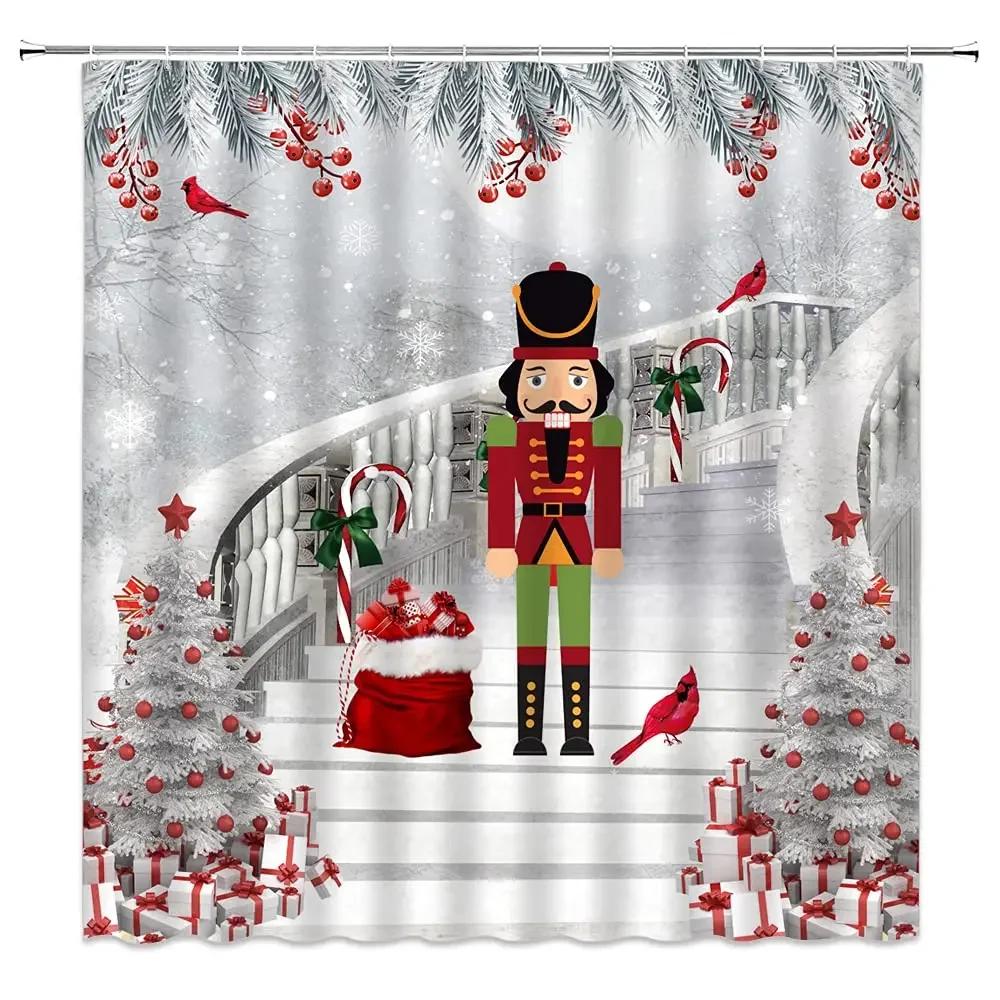 Christmas Nutcracker Shower Curtain, Christmas Tree Snowman Bathroom Curtain Decoration Set With Hook Fabric Christmas Gift