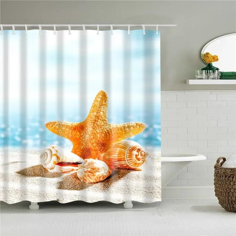3D Scenic Landscape Seaside Beach Trees Flowers Shell Bath Curtain Shower Curtains for Bathroom Waterproof Polyester Frabic Hook