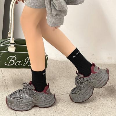 Thick-soled Color Matching Dad Shoes Women's Spring New Leather Mesh Breathable Comfortable Sports Shoes Casual Running Shoes