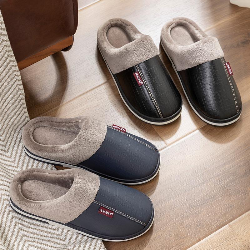 Leather slippers men's winter indoor home non-slip new couple home waterproof cotton slippers women's autumn and winter