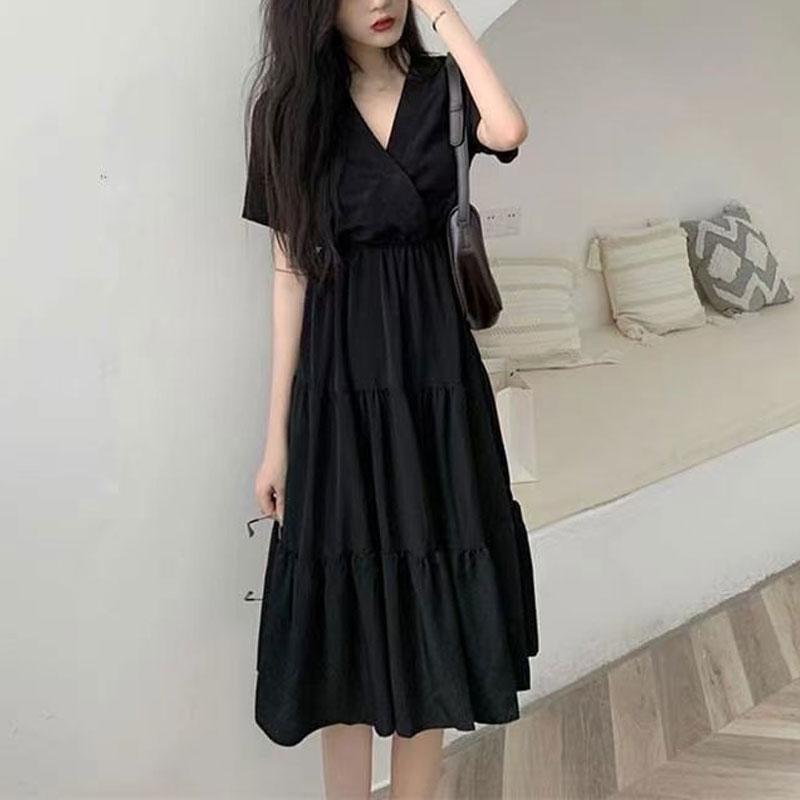 Basic French Style V-Neck Dresses Summer New Short Sleeve Women's Clothing Elegant A-Line Waist Fashionable Patchwork Midi Dress