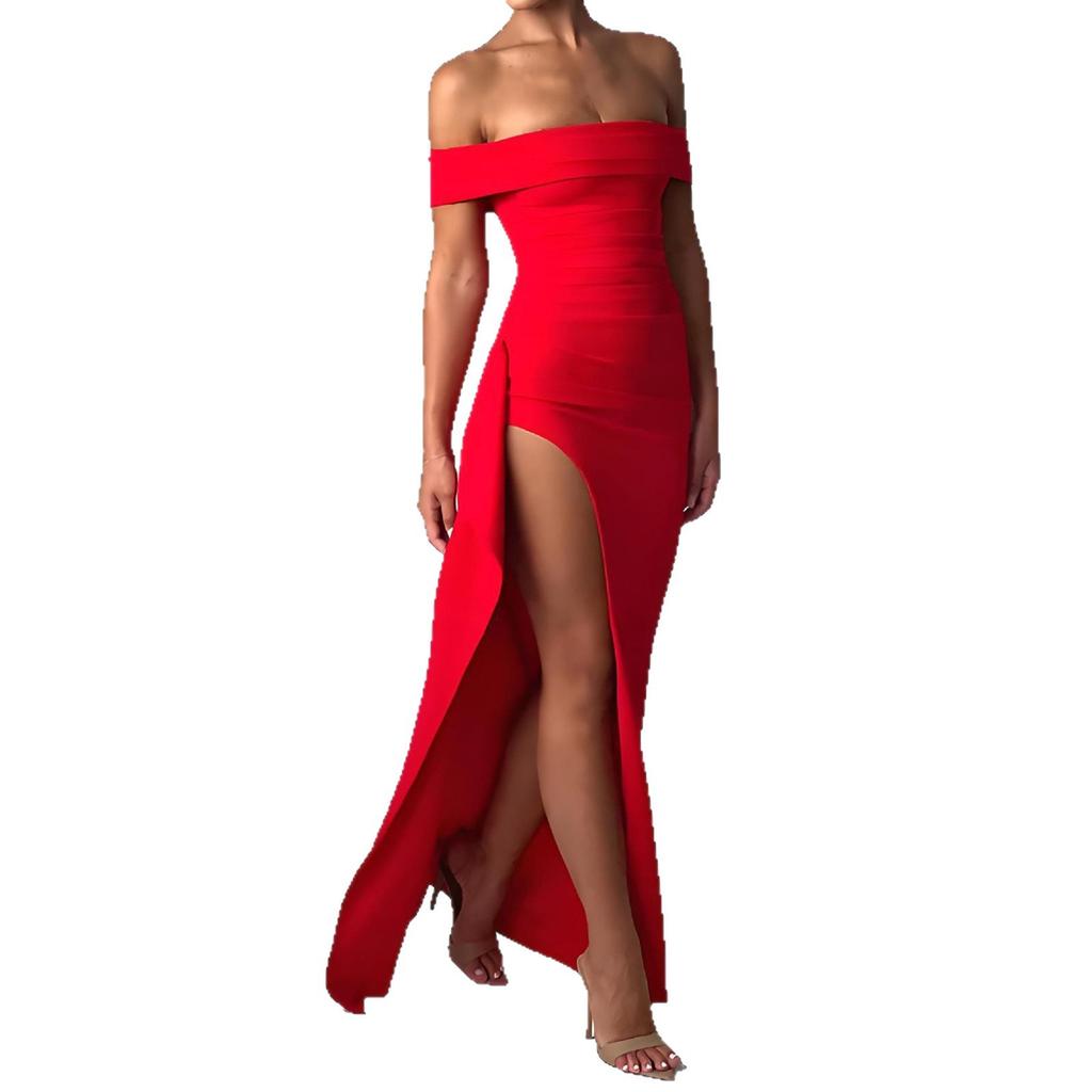 Summer European and American Tube Top Sexy Dress One-word Collar Halter Split Long Dress