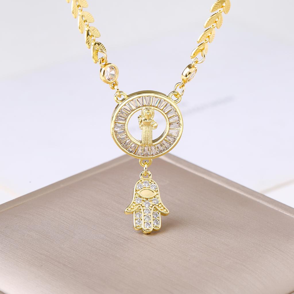 Our Lady of Guadalupe Hamsa Hand Stainless Steel Chain Necklace Gold Plated Zircon Religious Zircon for Women Charm Amulet Gift