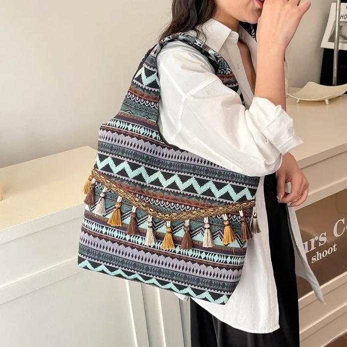 WTEMPO Trendy Women's Casual Versatile Handbags Nylon Ethnic Style Office Ladies Bags with Top Handle Work Meal Bag Lunch Bag