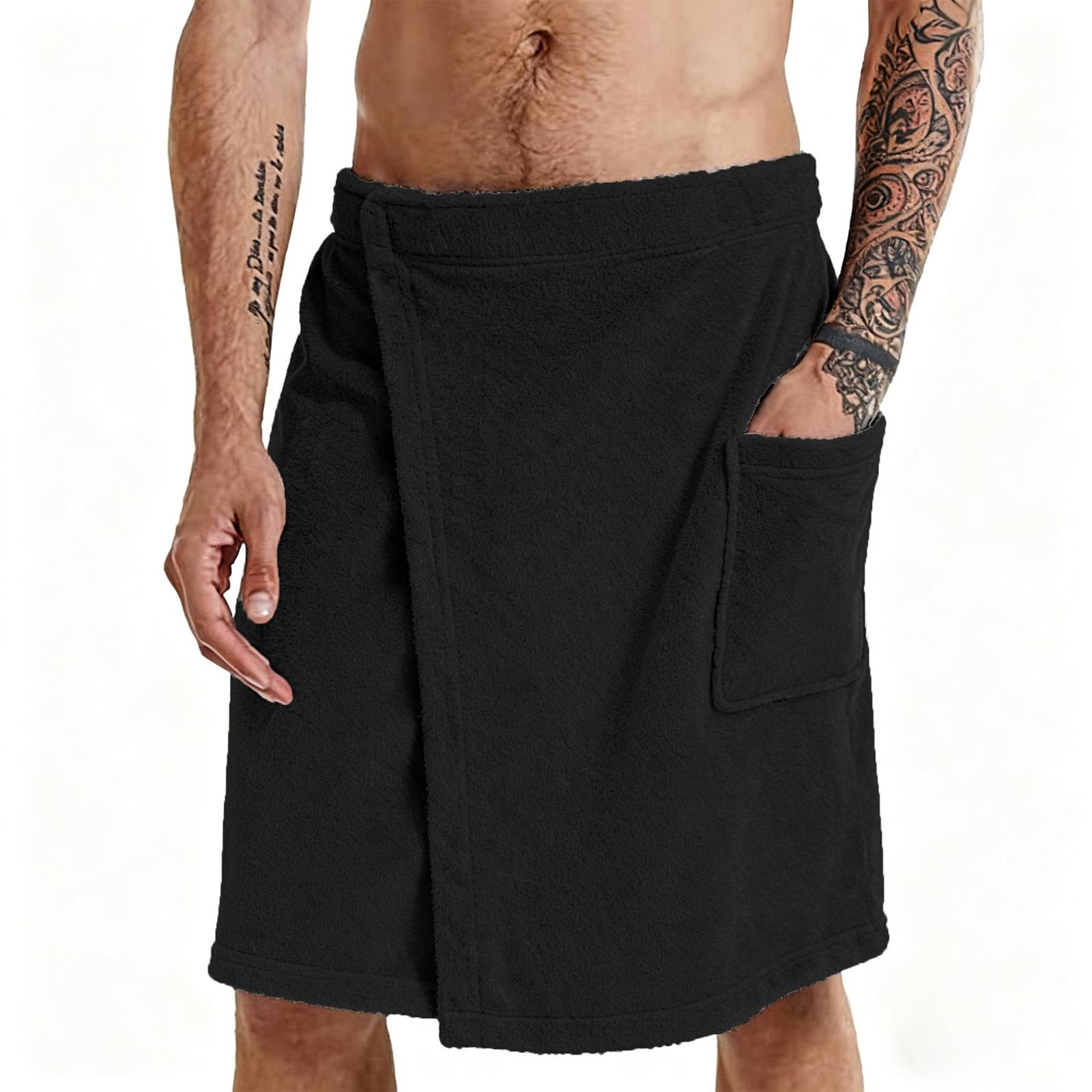 

Мужское носимое банное полотенце халат с карманом пляжное полотенце L чёрный