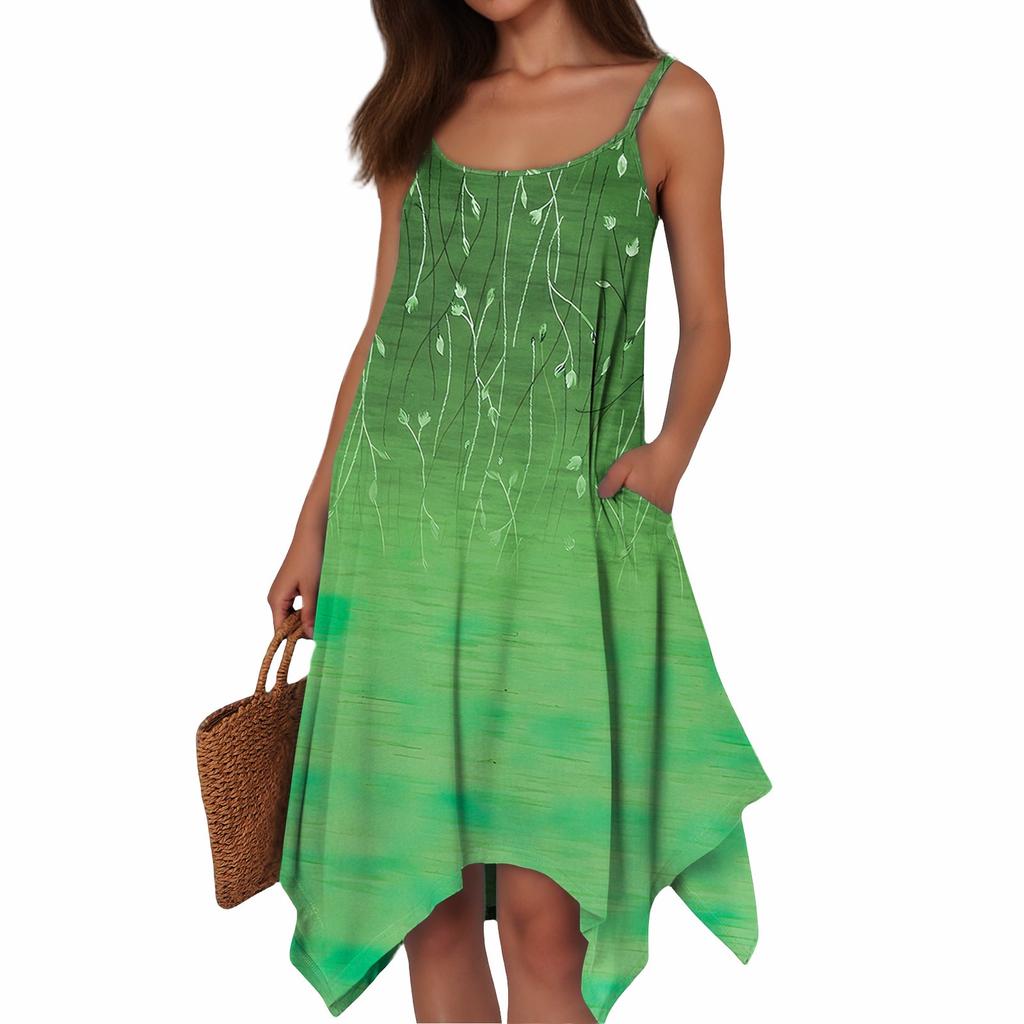Women's Summer Casual Print Round Neck Adjustable Suspender Dress With Pockets