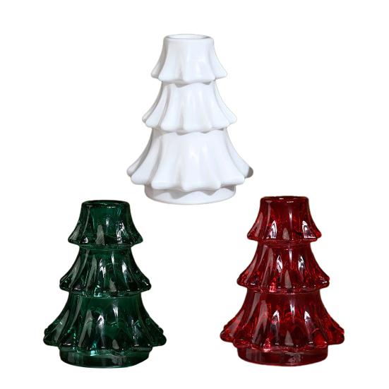 Christmas Tree Candlestick Glass Pillar Candle Holder Vintage Ribbed Taper Candle Holder for Festive Dining Table Decoration