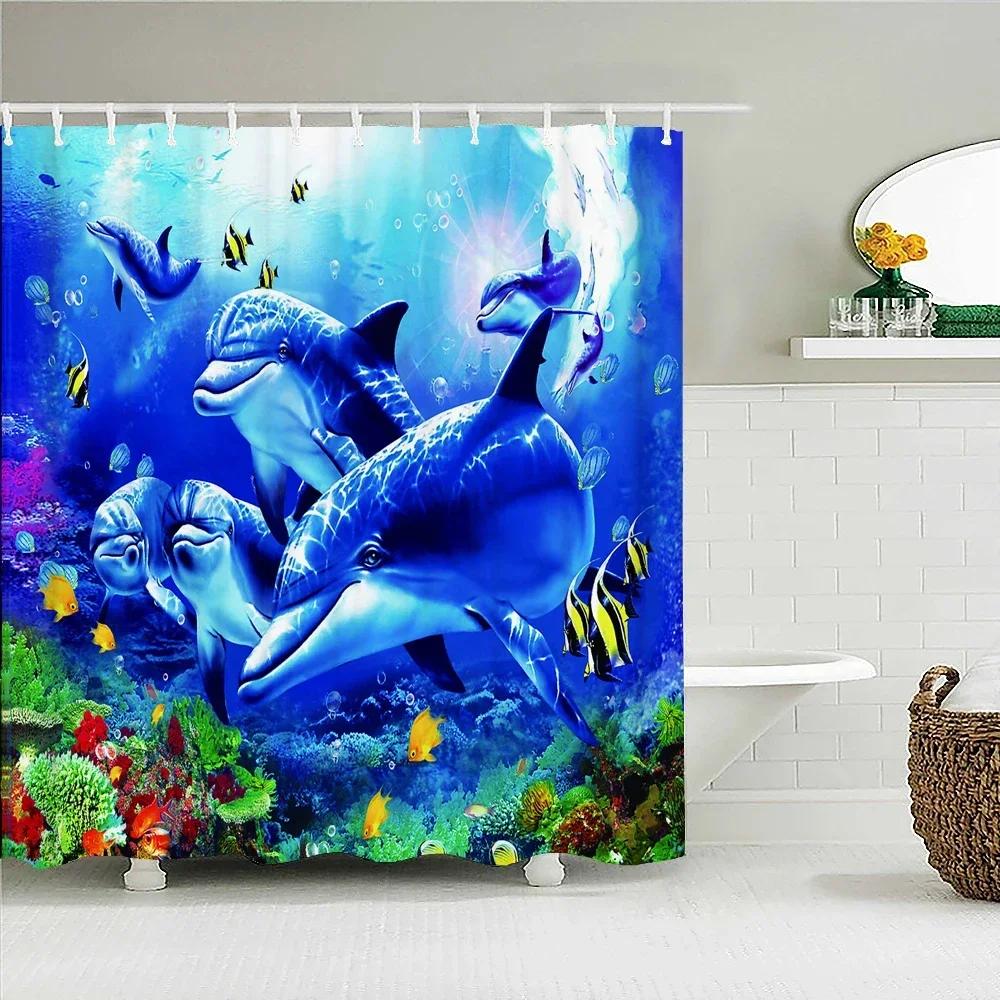 Underwater World Fish Turtle 3d Shower Curtains Ocean Dolphin Sea Scenery Fabric Waterproof Bath Curtain Bathroom Decor Screen