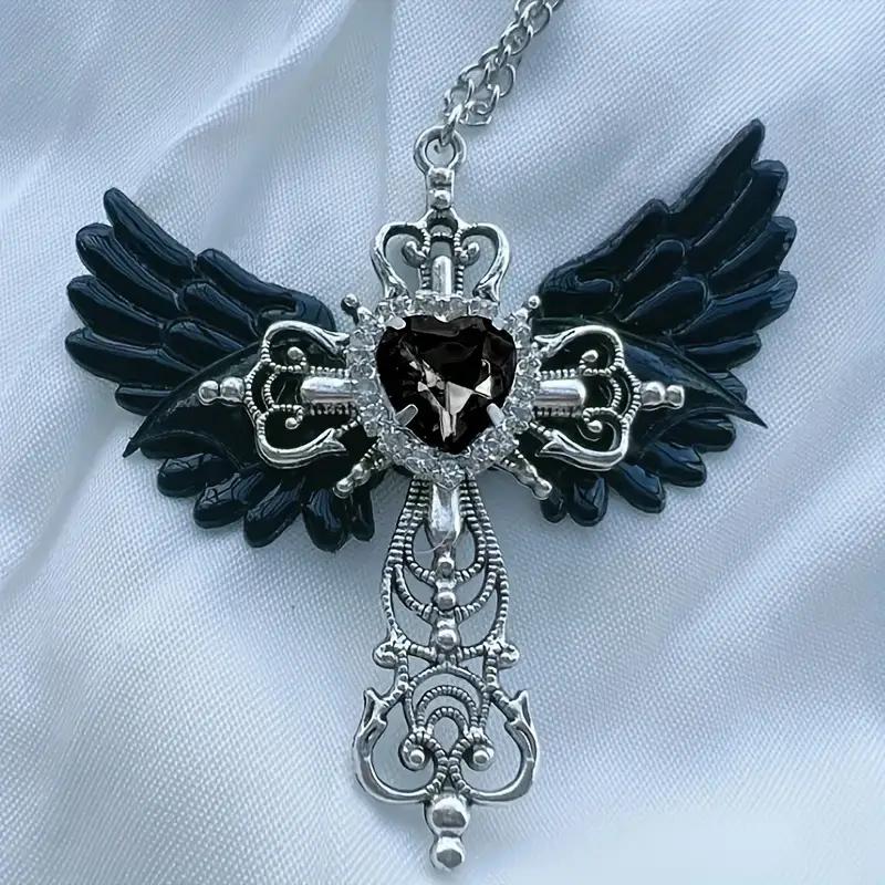 

Y2K Inspired Gothic Wings and Cross Pendant Punk Choker Necklace, Heart Shaped Faux Zirconia - Perfect Valentine s Day Gift