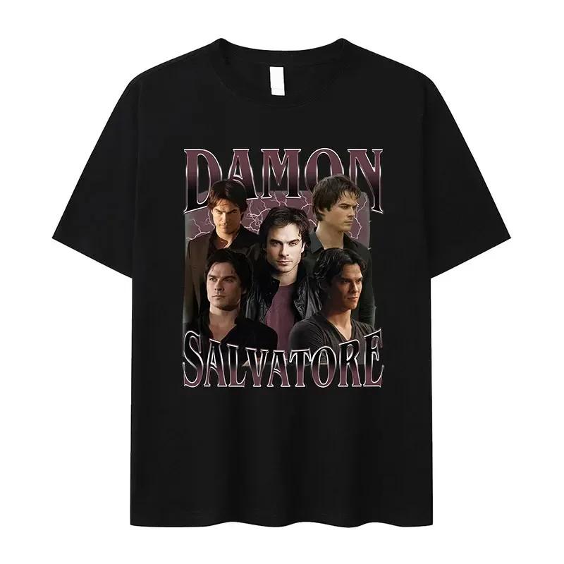 Hot Sale Damon Salvatore TV Drama Graphic Print T-shirt Men Women Retro Gothic Fashion Loose Casual Oversized Streetwear Harajuku Y2K Summer New Teee