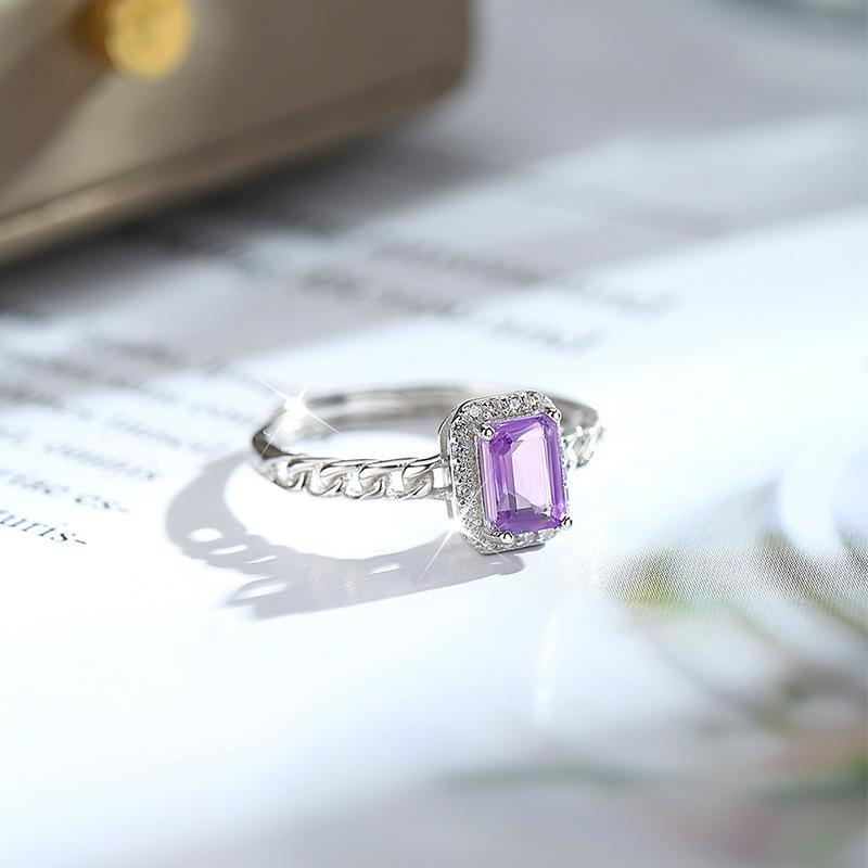 S925 Silver Square Crystal Open Ring, Multiple Colors, Adjustable Dainty Band, Korean Style Daily Jewelry Gift for Women