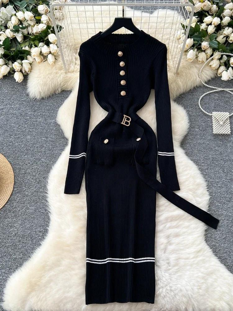 Autumn Korean Fashion Classy Sweater Dress Women Metal Breasted Belt Bodycon Long Dress Female Design Outdoor Knitted Clothing