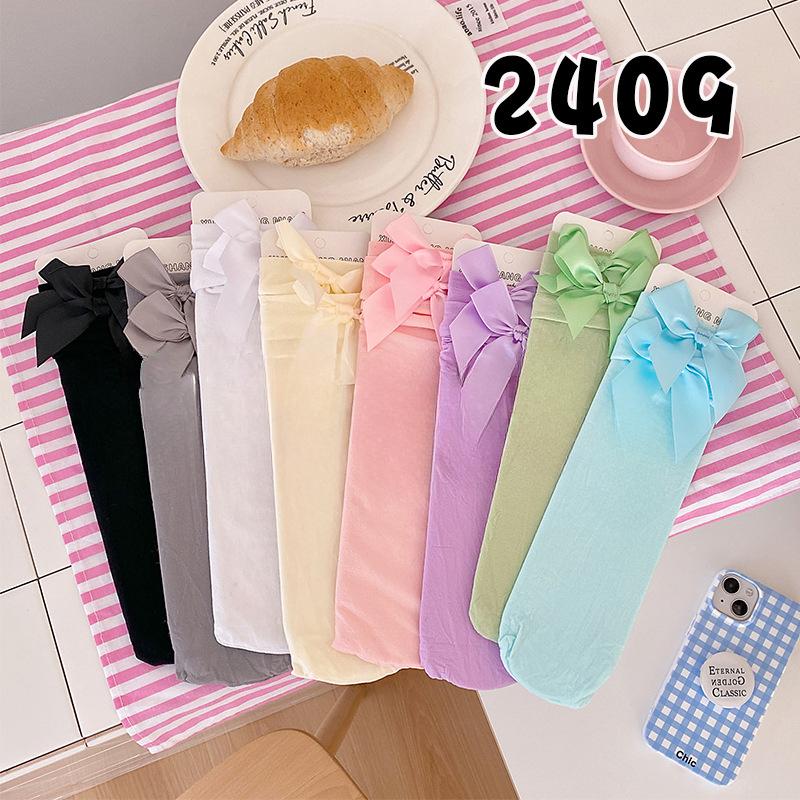 Bow Socks Spring/Summer Thin Mid-calf Socks Velvet Ice Silk Candy-colored Dui Dui Lolita Thigh-high Socks