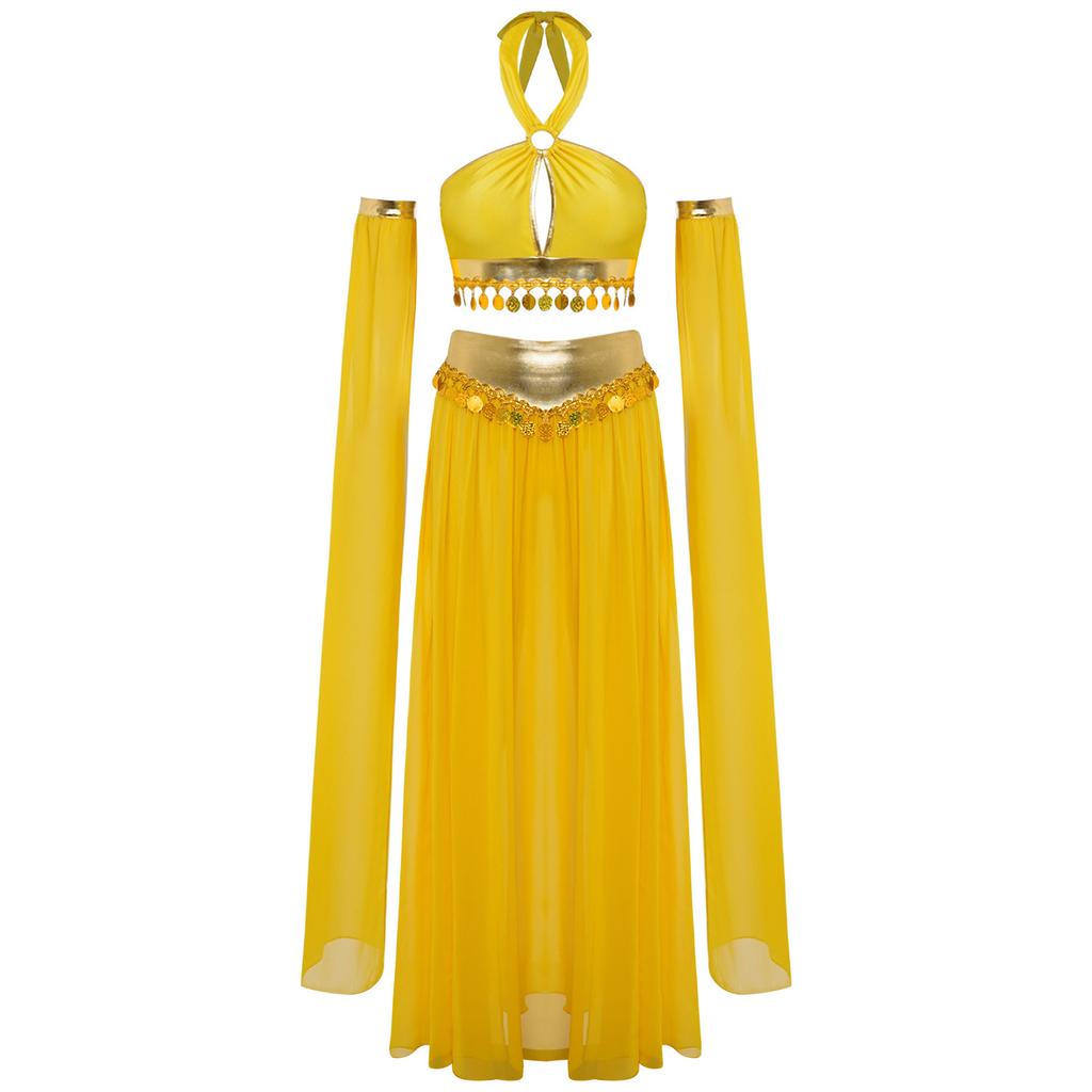 Womens Belly Dance Outfit Self Tie Halter Keyhole Front Sequins Crop Top Built In Briefs Slit Chiffon Skirt