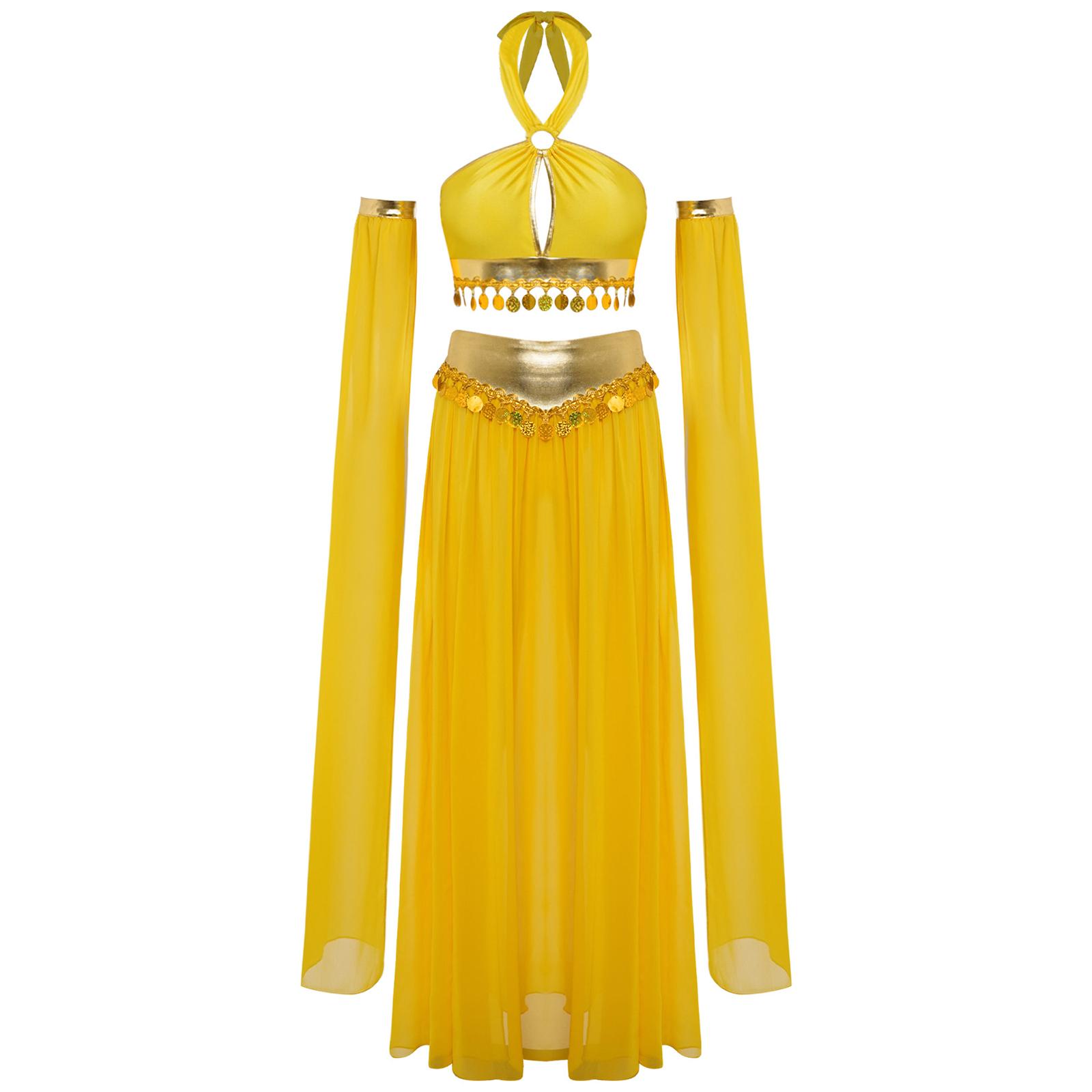 

Женский костюм для танца живота, топ-халтер с завязками, с вырезом-капелькой спереди и пайетками, со встроенными трусиками, шифоновая юбка с разрезом S жёлтый