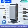 12 i 1 Type C multifunksjonell dokkingstasjon USB C HUB til Multi 4KHD RJ45 VGA 4 USB 3.0 100W PD Strømadapter Dokkingstasjon for bærbar PC Hub
