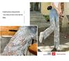 Women's Retro Lace Patchwork Straight-Leg Jeans - Slimming, Casual, Cross-Border Design Style.