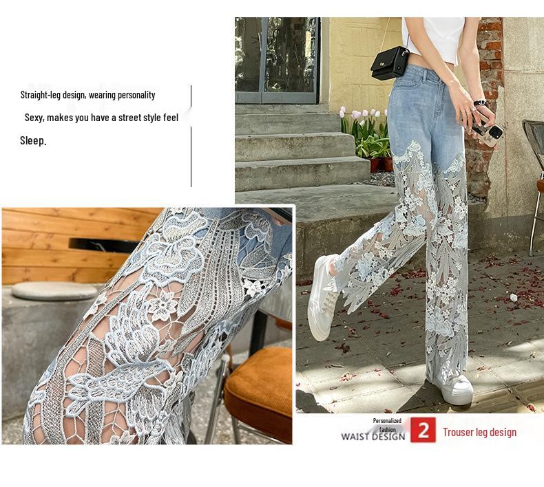 Women's Retro Lace Patchwork Straight-Leg Jeans - Slimming, Casual, Cross-Border Design Style.