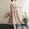 2025 Summer Cotton Linen Printed Patchwork Loose Long Suspender Dress with Slimming Large Hem