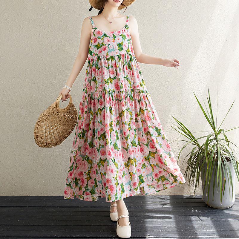 2025 Summer Cotton Linen Printed Patchwork Loose Long Suspender Dress with Slimming Large Hem