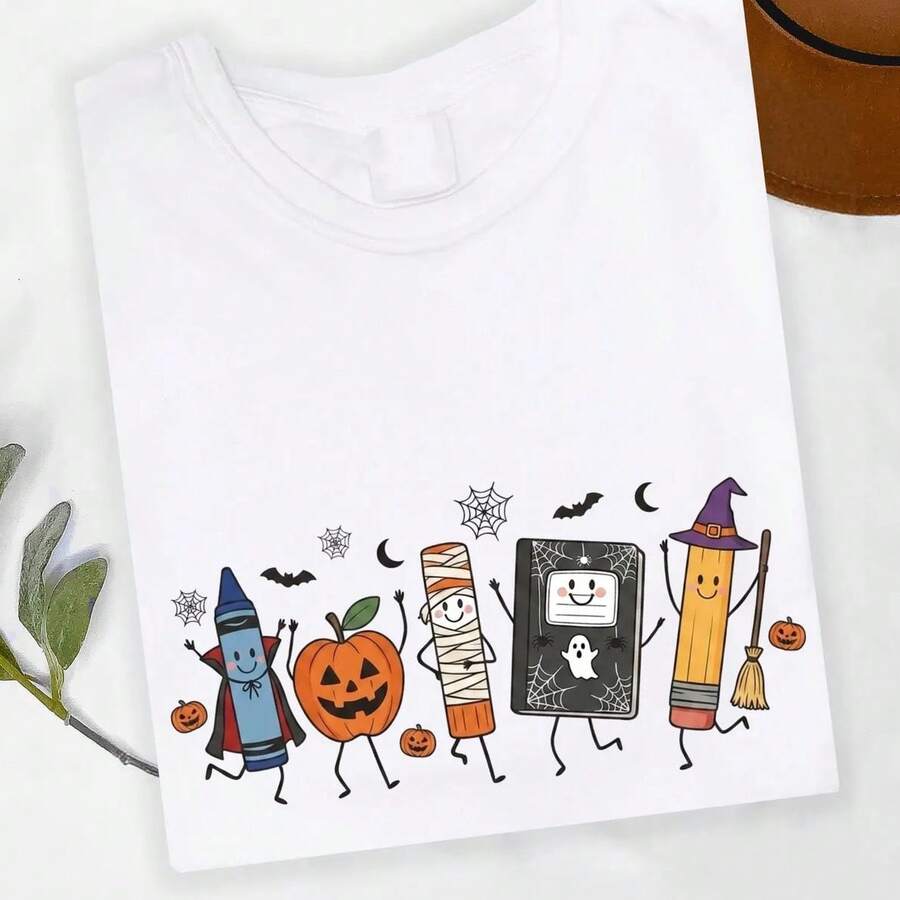 Unisex Oversized Teacher Halloween Graphic Tee Funny Stationery Pumpkin Cartoon Print Crew Neck Short Sleeve Casual Daily Tops