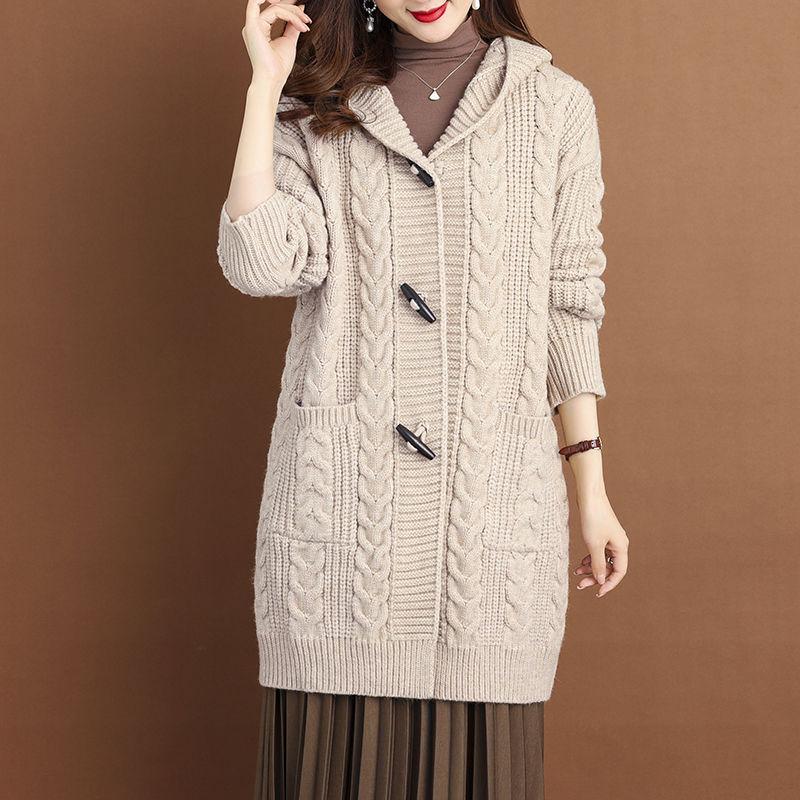 Spring Autumn Thick Sweater New Style Knitted Outerwear Women's Cardigans Medium Long Hooded Cardigan Sweater Coat