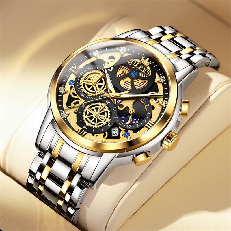 OLEVS Luxury Gold Steel Watch Men Luminous Moon Phase High Quality Sports Watches Imitation Mechanical Style Male Wrist Watch