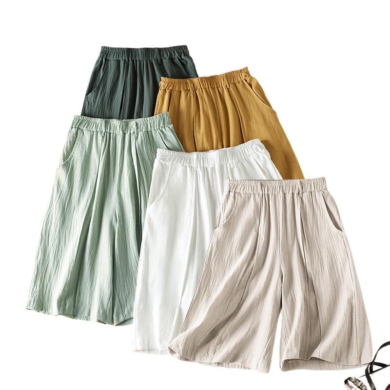 Real shot summer new cotton and linen high waist casual and thin solid color wide leg five-point medium pants women