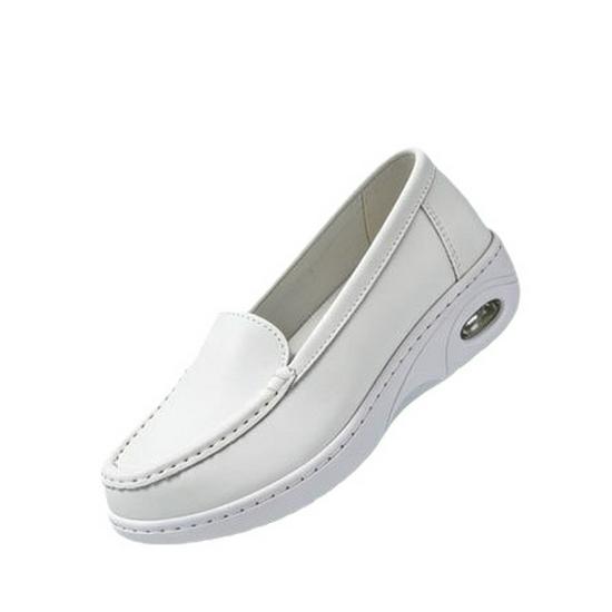 Women's Breathable Non-Slip Nurse Shoes, Wear-Resistant with Soft Thick Sole, White Microfiber Leather Loafers for Comfort.