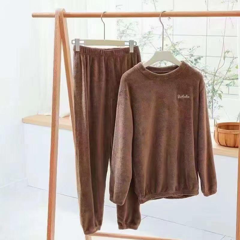 

2023 Autumn/Winter Unisex Plus Size Flannel Pajamas Set - Warm Coral Fleece Home Wear One Size 80-145kg кавовий