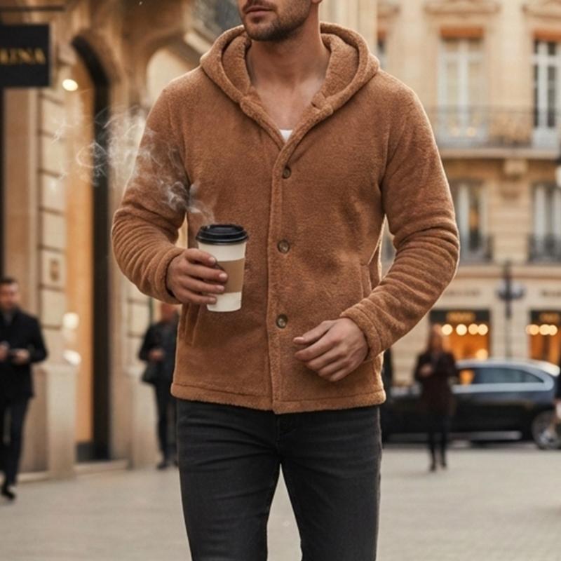 Men's Fleece Hooded Cardigan Casual Button Up Long Sleeve Warm Knit Jacket For Daily Wear