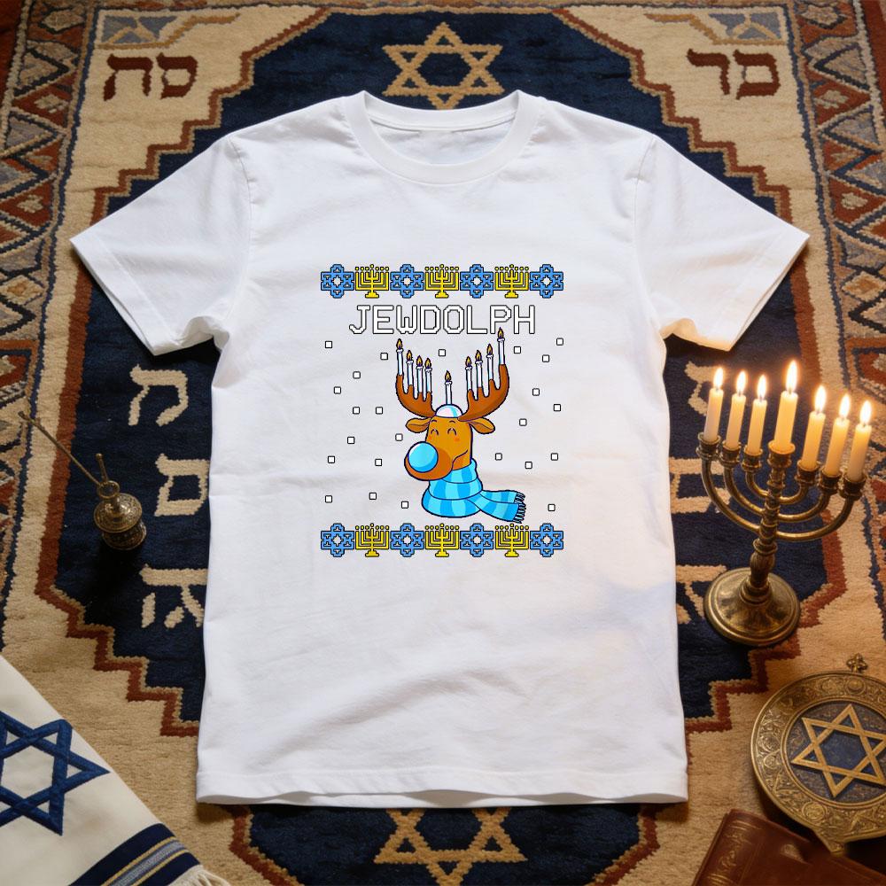 Jewdolph Ugly Hanukkah Reindeer Unisexorah Chanukah TShirt Women Unisex Casual Cotton Graphic T Shirts Jewish Festival Tops Tee
