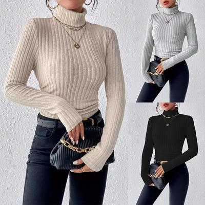 Women's Autumn and Winter High Collar Solid Color Casual Long-sleeved Brushed Pit Strip Knitted T-shirt