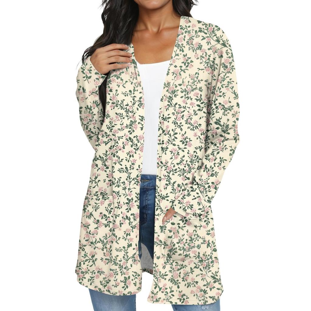 Women's Fashion Casual Retro Floral Print Mid-Length Cardigan Jacket