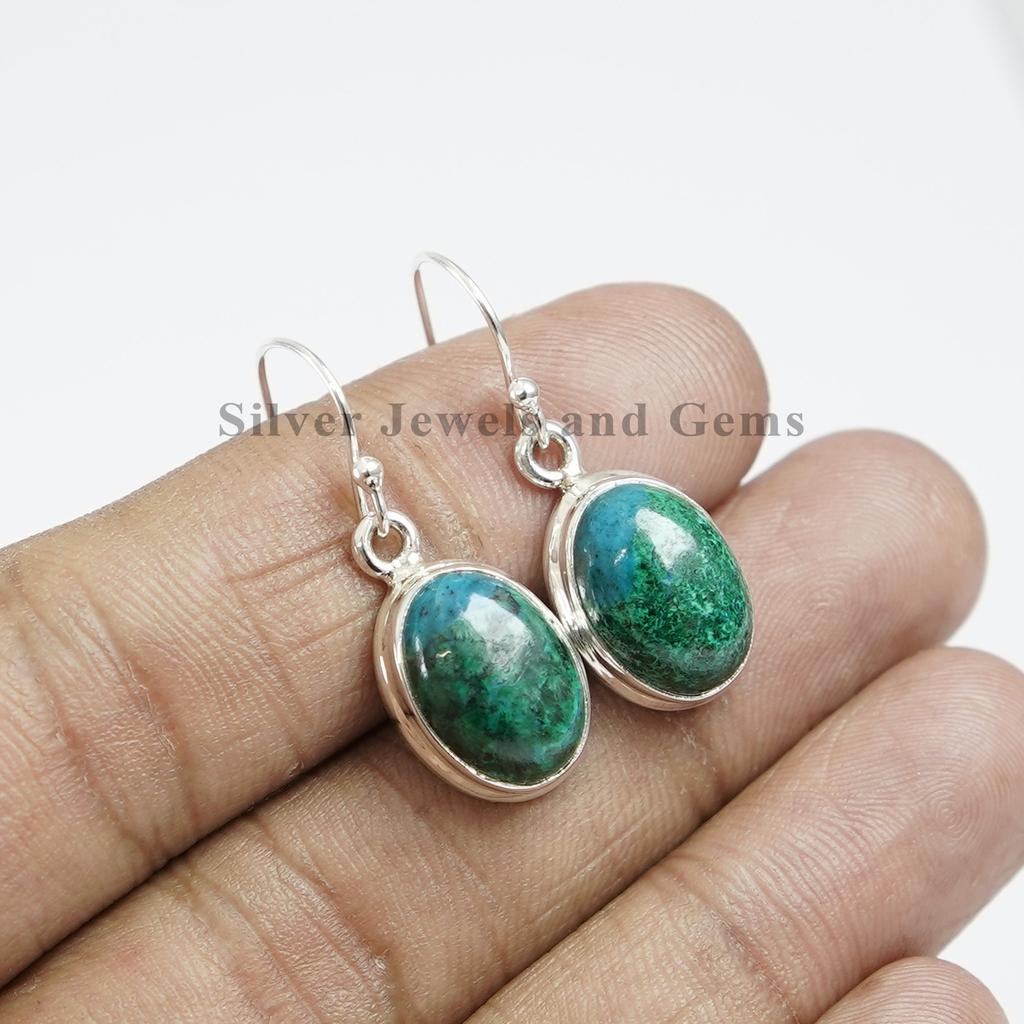 Oval Chrysocolla Earrings: Handmade 925 Sterling Silver Green Gemstone Earring