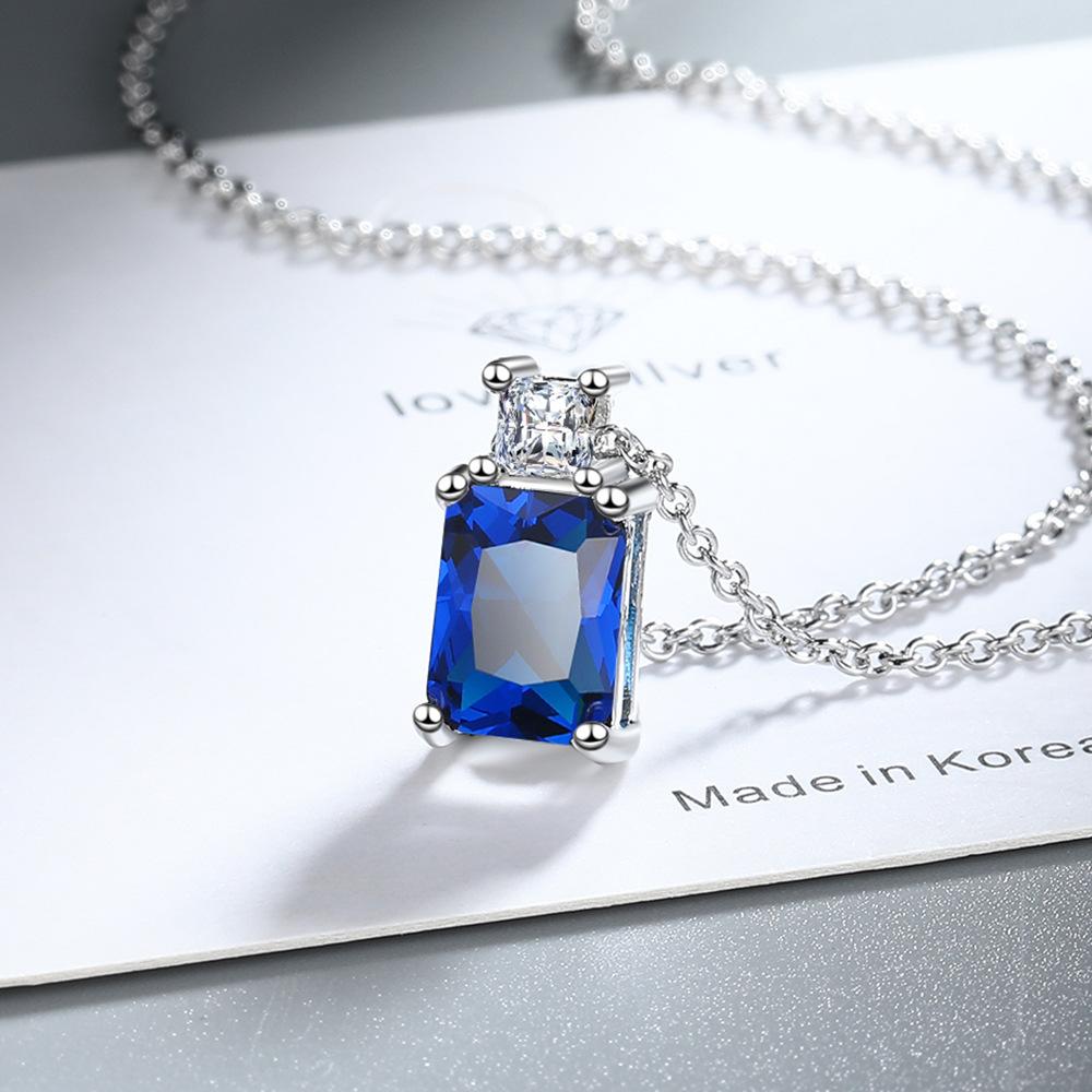 925 Sterling Silver Simple Multi-color Rectangular Zircon Pendant Necklace Anniversary Birthday Wedding Party Gift