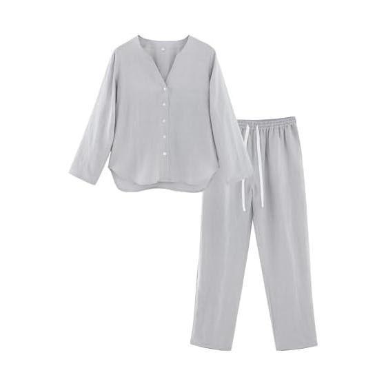 Linen Pajamas, Women s, Long Sleeve, 100% Linen, Room Wear, Women s, Spring, Summer, Autumn, Plain, Open Front, Cute, Collarless, Stylish,