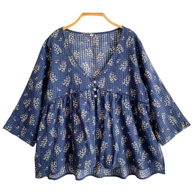 

Johnature Женская футболка с весенним принтом, V-образным вырезом, повседневная, винтажная, модная, в винтажном китайском стиле, ретро M синий