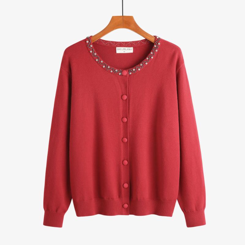 

Вязаный женский кардиган Тяжелая промышленность Пришивные бусины Круглый вырез Универсальный топ с добавленным жиром Осень и зима Толстый топ L красный