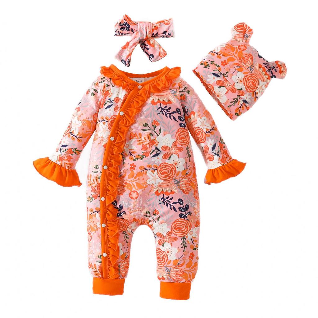 Adorable Baby Floral Flare Sleeve Jumpsuit with Hat & Headband (0-1Y)