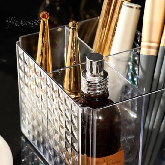 Home Office Desk Organizer Transparent Acrylic Makeup Brush Organizer, Multi-Compartment Storage Bin, Modern Desktop Lipstick Eyeliner Stand
