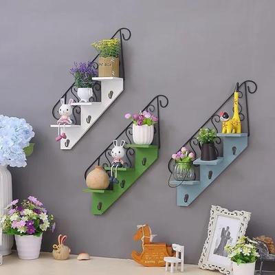 מתלה עץ אחסון מדרגות רטרו סגנון פרחים מדף קיר רכוב מתלים סולם ווי