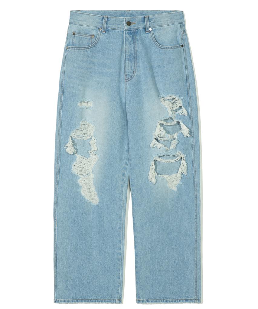 PARTIMENTO Distressed Wide Straight Denim Pants Light Blue